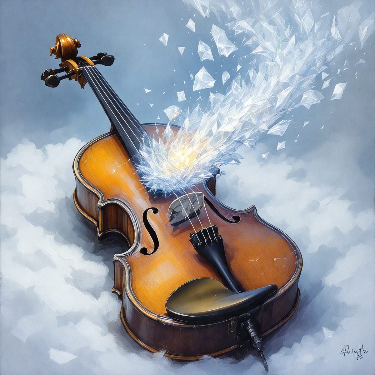 The primary subject of the image is a violin, which is the main object, scene, or focus of the image. The violin is placed on a cloudy surface, creating a unique and artistic visual effect. The setting or background of the image features a cloudy sky, which adds to the overall atmosphere of the scene. The visual style of the image is a combination of photo and digital art, as it appears to be a painting or drawing of a violin on a cloudy surface. The colors and mood of the image are predominantly cloudy and moody, with the violin being the main source of visual interest and contrast.